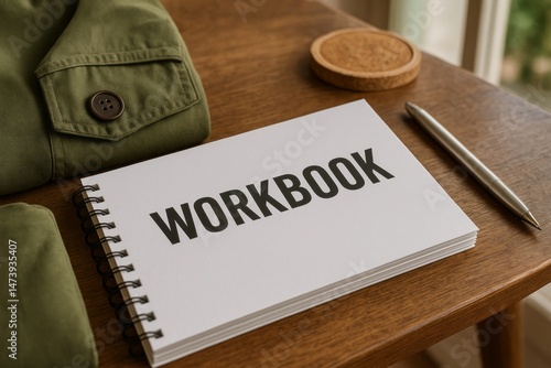 Workspace Notebook Planning Workbook Green Jacket Office Supplies Wooden Table Minimalist Style Flatlay Photography Modern Design Professional Business Branding Simple Elegant Notebook Pen Desk Study 