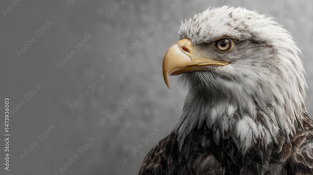 Obraz premium Bald Eagle Portrait: Majestic bald eagle with intense gaze, sharp beak, and white head and tail feathers against a neutral gray background.