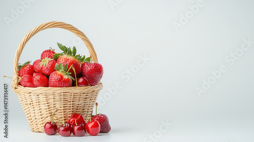 Fresh strawberries and cherries in woven basket create vibrant and inviting display of fruit