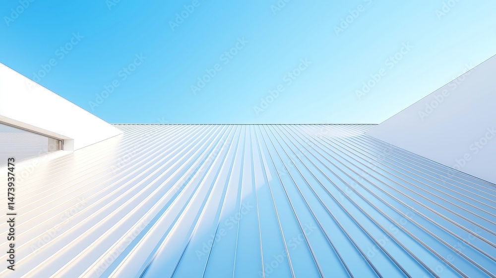 Dynamic architectural rendering of a sloped standing seam roof, showcasing intricate design elements, textures, and interplay of light and shadow in a spacious environment. Dynamic architectural rendering of a sloped standing seam roof, showcasing intricate design elements, textures, and interplay of light and shadow in a spacious environment.