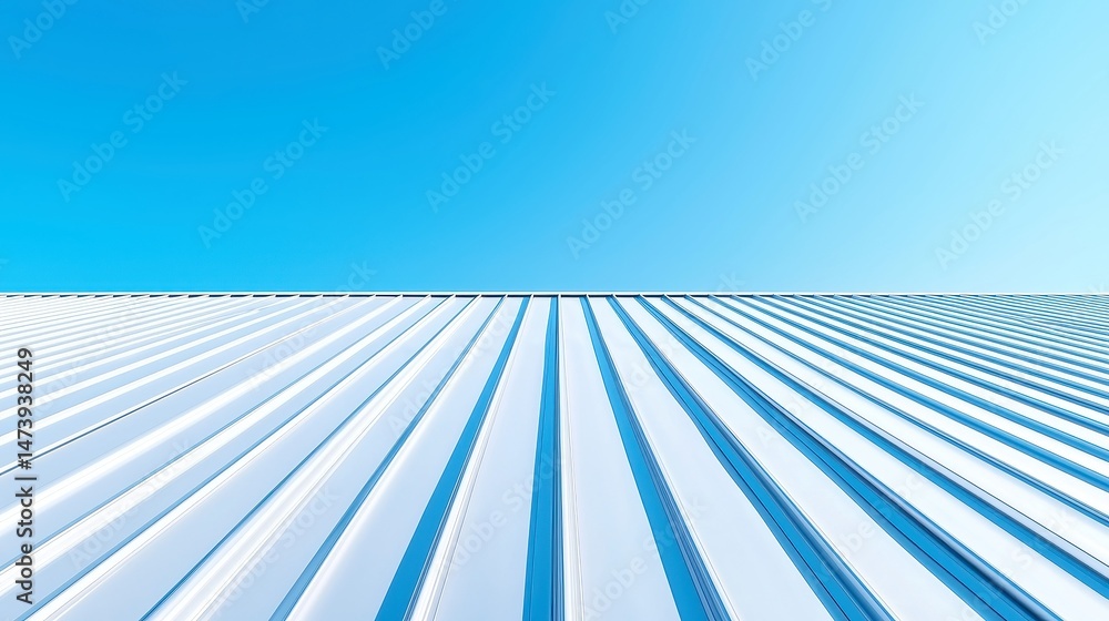 Obraz premium Interlocking Galvanized Steel Roof Panels, detailed view showcasing the texture and sheen of the metal against a bright blue sky, emphasizing durability and design elements.