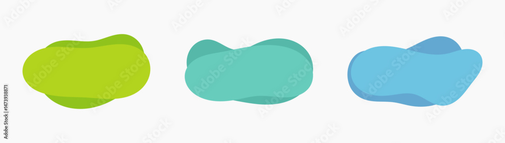 Blob liquid amoeba banners in various shapes set. Green and blue colors smooth modern cloud backgrounds. Vector illustration.
