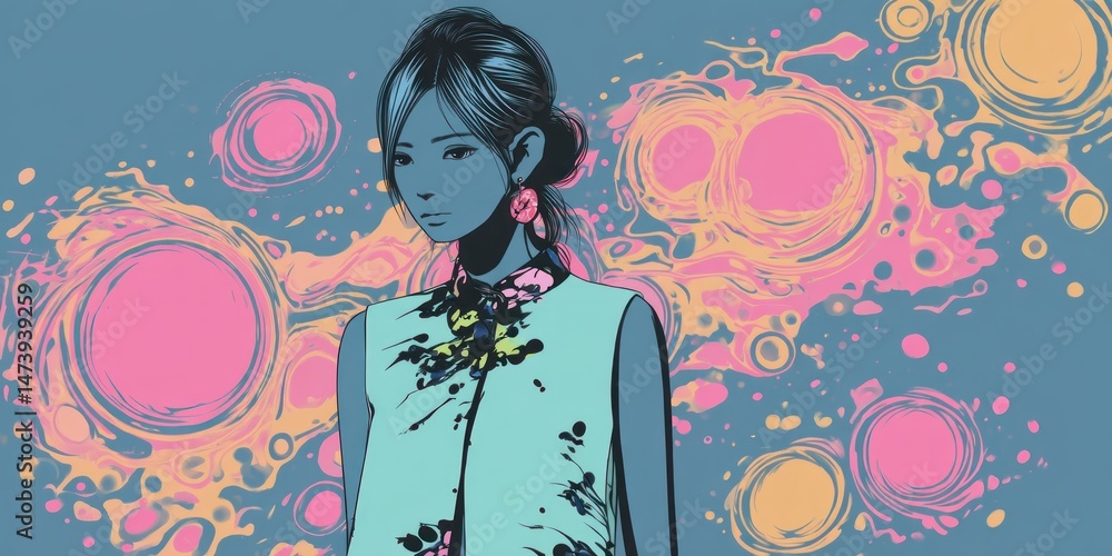 Fototapeta premium A stylized digital painting presents a woman in retro fashion against an abstract background filled with colorful circular and organic shapes, serene and artistic.