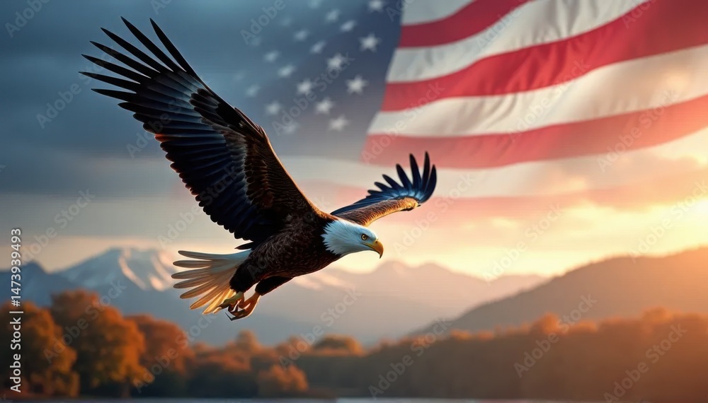 Fototapeta premium Bald Eagle and American Flag at Sunrise