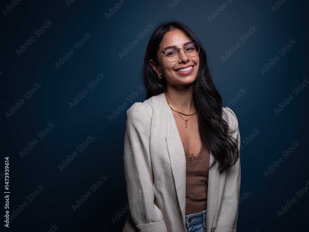Fototapeta premium A happy woman wearing casual clothes and glasses is smiling at the camera, with a deep blue background featuring negative space, in 8K resolution.