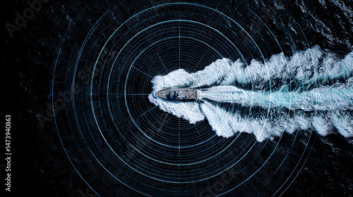 Coast guard vessel navigates through water, creating waves and ripples while utilizing advanced scanning technology for safety