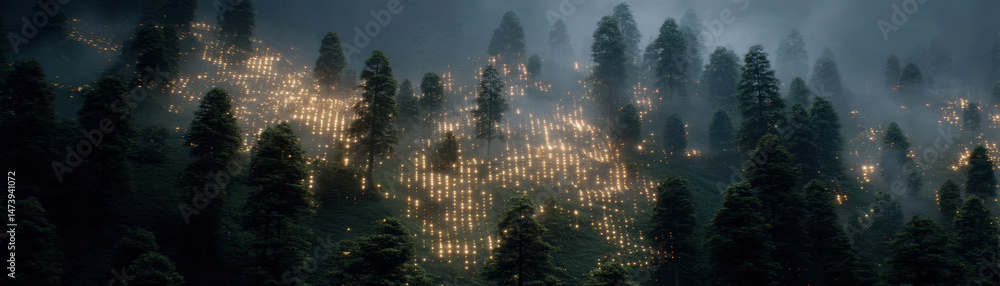 Fototapeta premium Serene forest landscape illuminated by glowing lights among tall trees, creating magical atmosphere. mist adds mystical touch