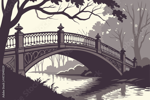 117 intricate gothic bridge, arched structure, silhouette, dramatic shadows, water reflection, architectural design, elegant ornamental details, atmospheric lighting, moody and mystical landscape