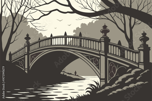 117 intricate gothic bridge, arched structure, silhouette, dramatic shadows, water reflection, architectural design, elegant ornamental details, atmospheric lighting, moody and mystical landscape