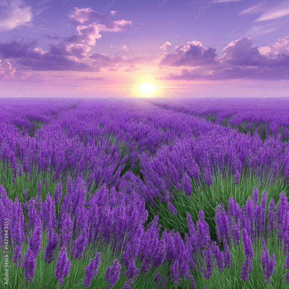 Obraz premium Purple Lavender Field at Sunset, Soft Light, Scenic Landscape
