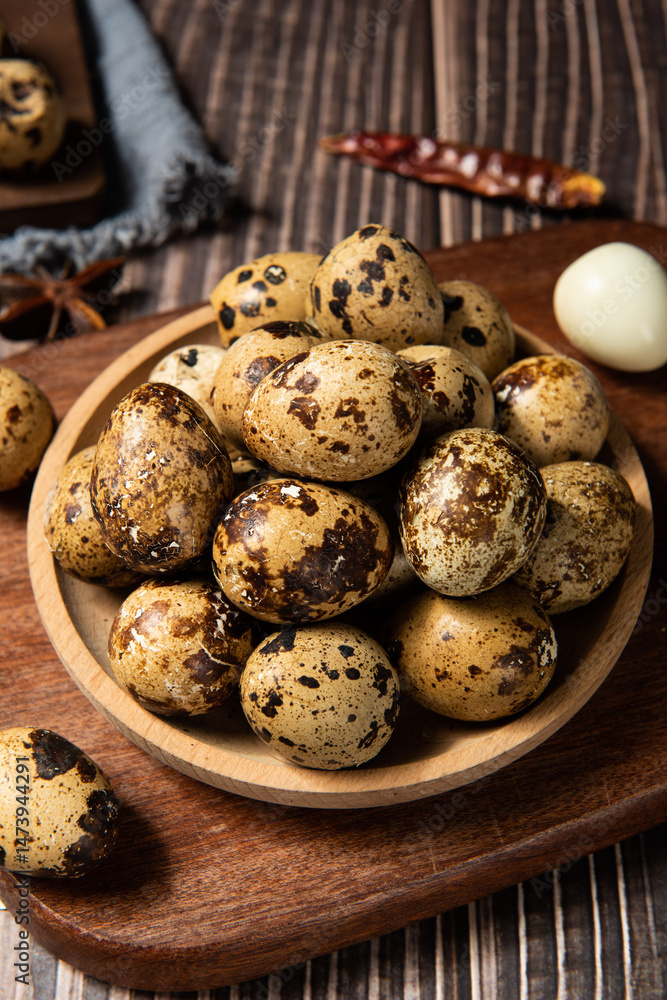delicious quail eggs snack on wooden table.