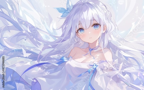 躍動感あふれる白髪の美少女キャラクター・アニメスタイルのファンタジーイラスト