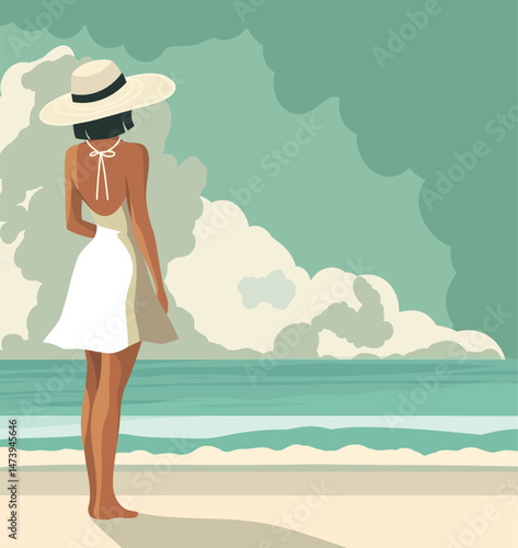 Summer vacation, vector illustration. Young woman on vacation walking on the beach and admiring the sea horizon line and sky. Back view. Illustration for travel projects