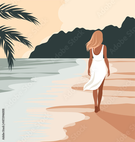 Summer vacation. Woman girl on vacation in white beach dress walking on the beach. Back view. Sea, sky, seagulls, sandy shore. Vector illustration in badge colors for vacation and travel projects