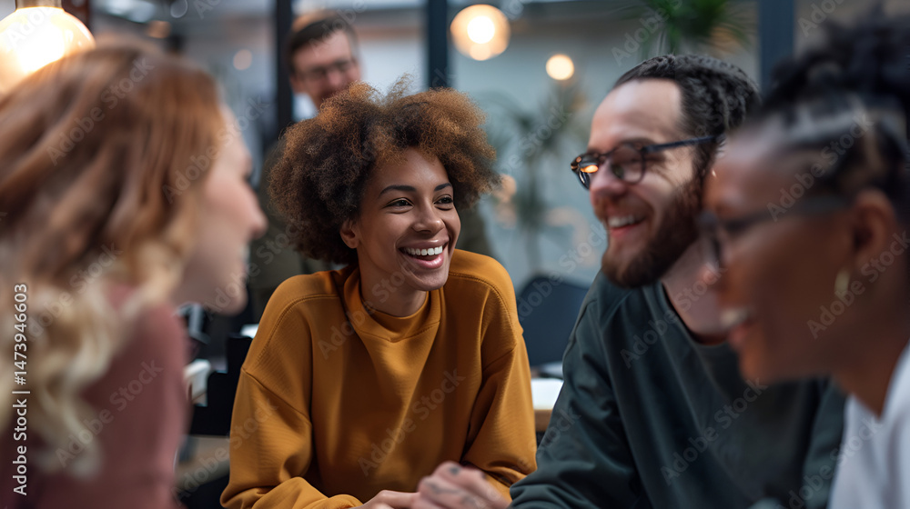 Obraz premium A group of diverse young adults laughing and socializing together in a casual setting indoors