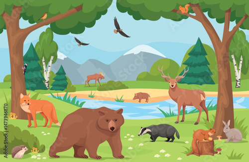 Forest animal landscape. Wild animals in woodland nature background, wildlife ecosystem natural fauna habitats wood land trees environment scene, cartoon neat vector illustration