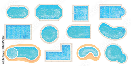 Cartoon pool top view. Swimming pools different shape circle rectangle oval, swim area 2d game poolside water texture floor mosaic tile, summer vacation neat vector illustration