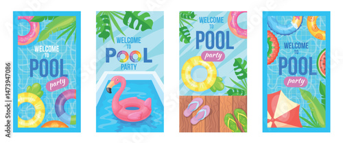 Pool party cards. Poolside summer birthday invitation card, swim beach event flyer blue water with inflatable swimming ring tropical vacation poster design neat vector illustration