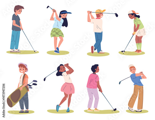 Children play golf. Cartoon kid golfer characters, girl or boy stick hit ball swing putt school summer golfing club field course child junior sport, classy vector illustration