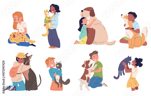 Children hugging dogs. Happy kids hug love pets, little owner holding puppy dog cat girl boy cuddle puppy kitten best friends animal child companion, classy vector illustration