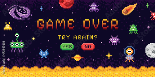 Space game over screen. Retro arcade videogame pixel background, vintage computer gaming console machine display pixelated interface gamer 8 bit machine swanky vector illustration