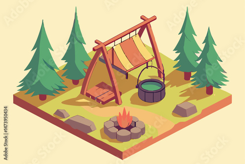 102 campfire, camp pot, pine trees, rocks, wooden frame, outdoor scene, 3D, isometric, low poly, vibrant colors, stylized, digital art