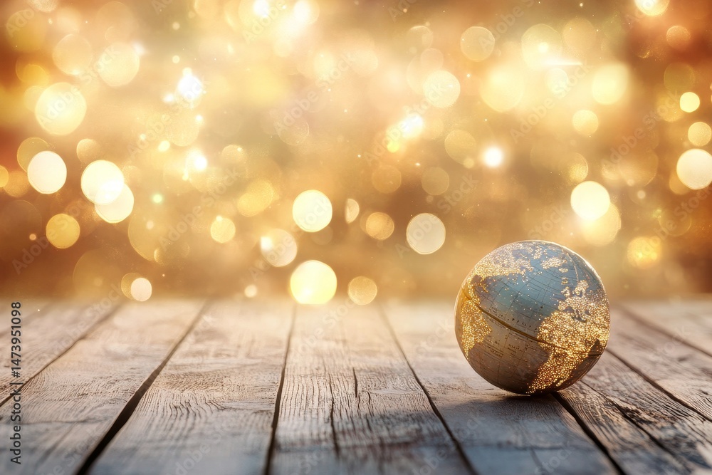 Fototapeta premium Golden globe resting on weathered wooden planks.