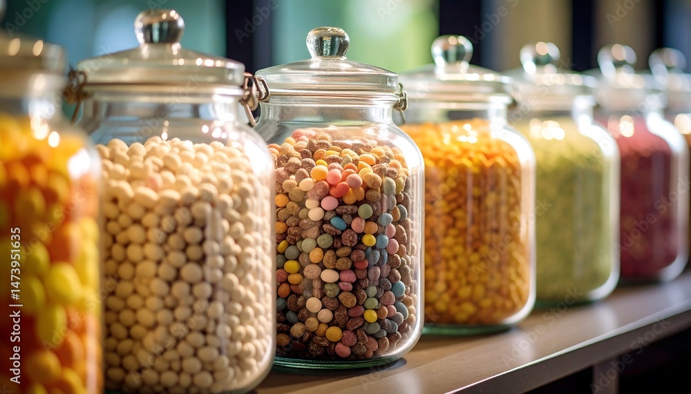 Colorful Candies and Sweets in Glass Jars on a Shelf A Variety of Delicious Treats Colorful Candies and Sweets in Glass Jars on a Shelf A Variety of Delicious Treats