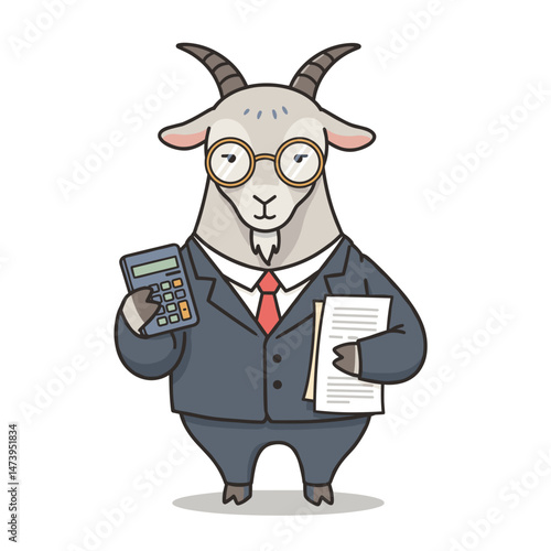 Humorous goat accountant in a suit with glasses and a calculator, ideal for financial promotions and campaigns