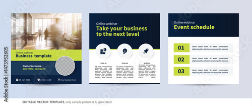 agenda event schedule background text layout, planner timetable  daily monthly information template, social media carousel post, square brochure booklet flyer green blue ad