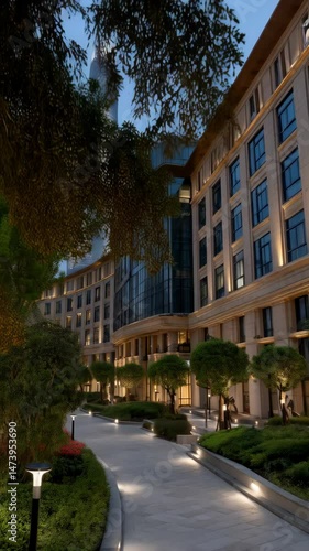 Wallpaper Mural Evening view featuring a modern building with glass and concrete exterior, manicured trees lining the walkway, skyscraper silhouette in background at dusk. Torontodigital.ca