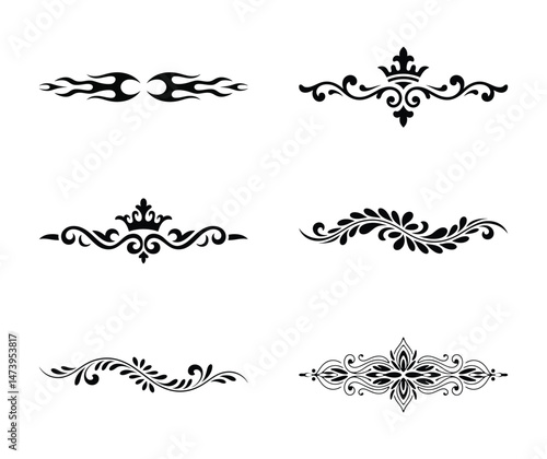 Collection of elegant and decorative black ornamental dividers and borders on white background