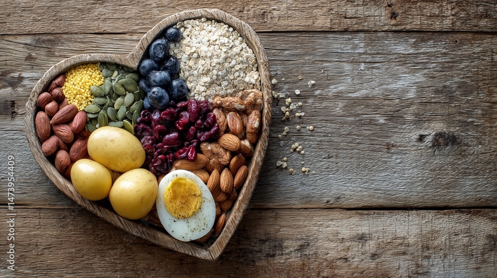Heart-shaped arrangement of nutritious foods on wooden surface, symbolizing love and healthy eating Heart-shaped arrangement of nutritious foods on wooden surface, symbolizing love and healthy eating