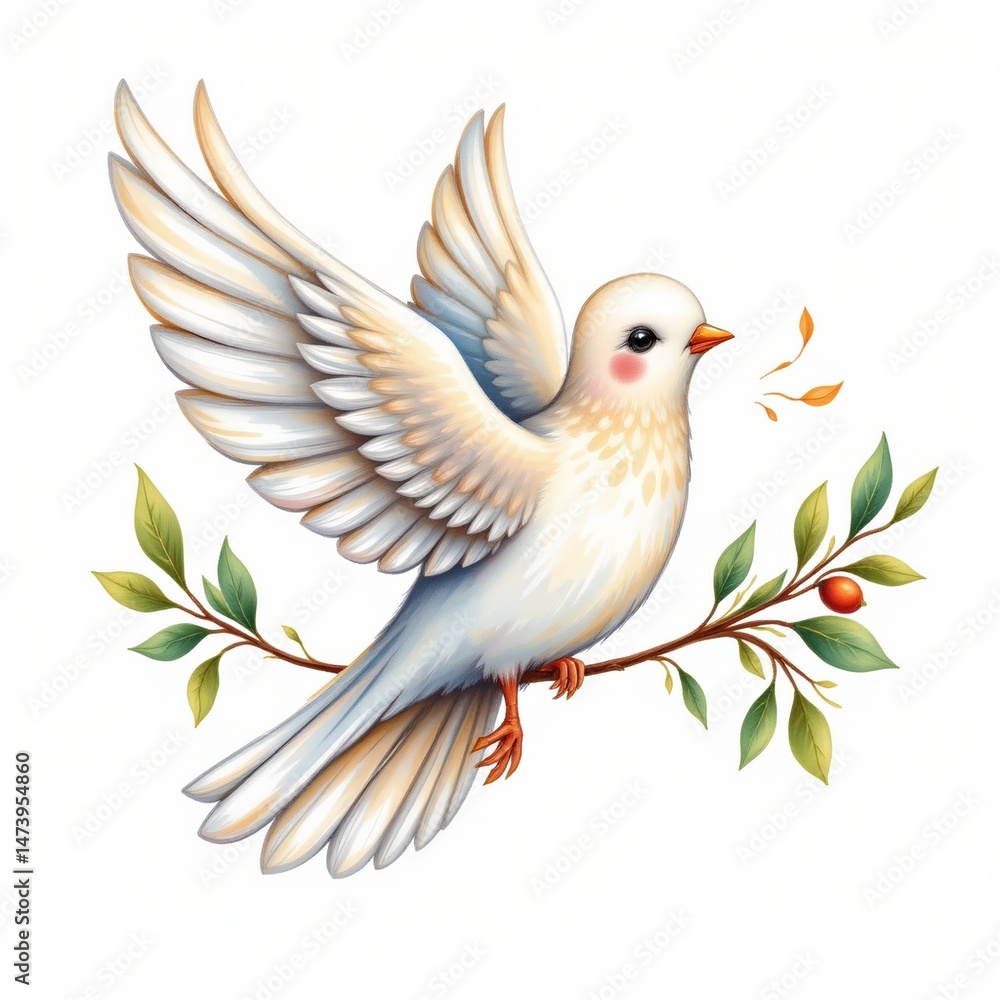 Fototapeta premium a playful cartoon dove with an olive branch flying watercolor effect white background