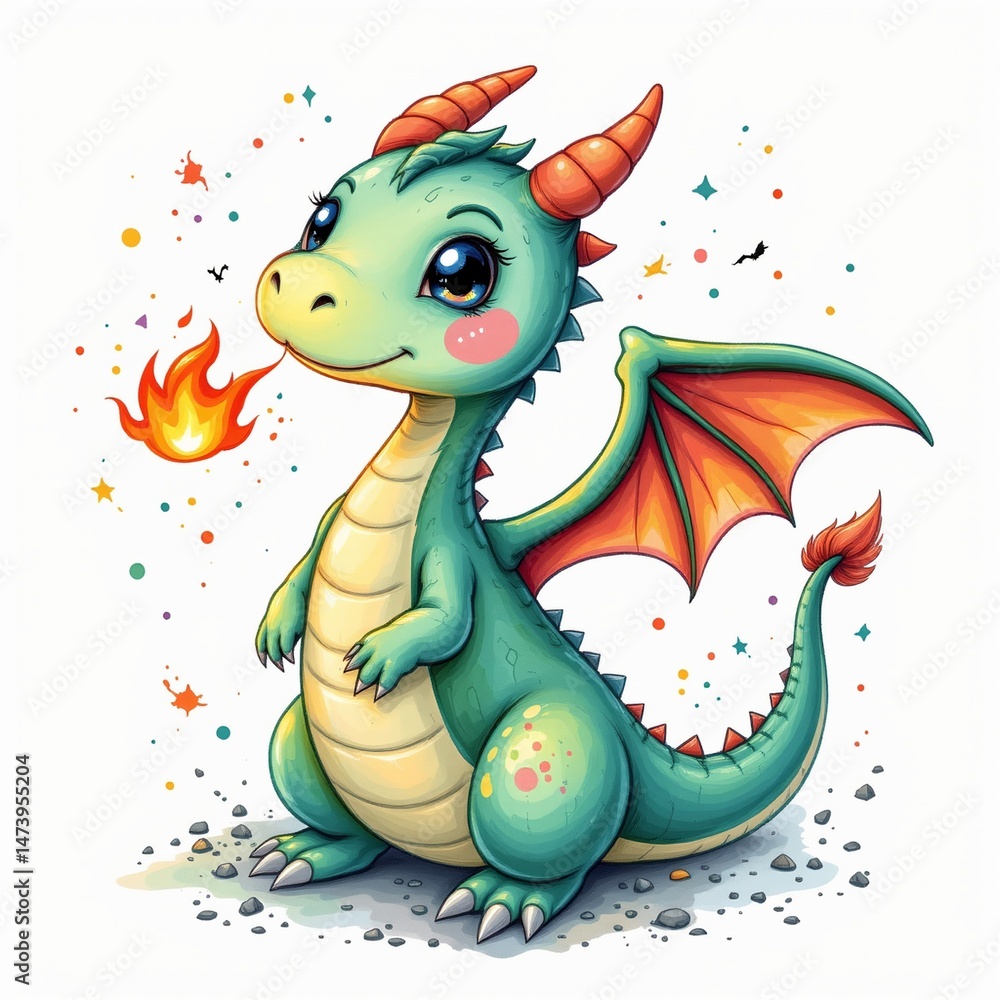 Fototapeta premium a whimsical cartoon dragon with tiny wings breathing a small flame watercolor splatter white background