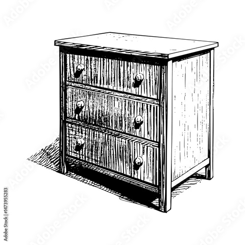 Wooden dresser sketch engraving black and white outline. Scratch board imitation.  illustrated in vintage line art style on a white background.