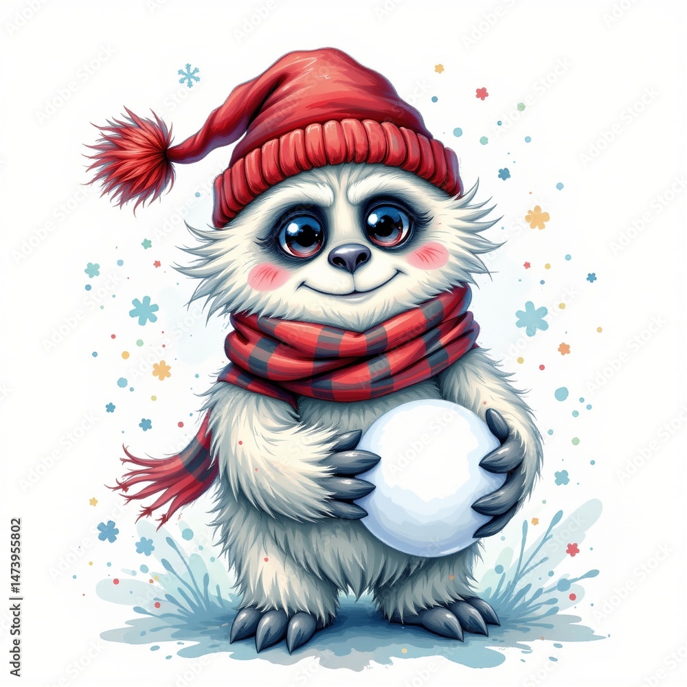 a whimsical cartoon yeti with a scarf holding a snowball watercolor splatter white background a whimsical cartoon yeti with a scarf holding a snowball watercolor splatter white background