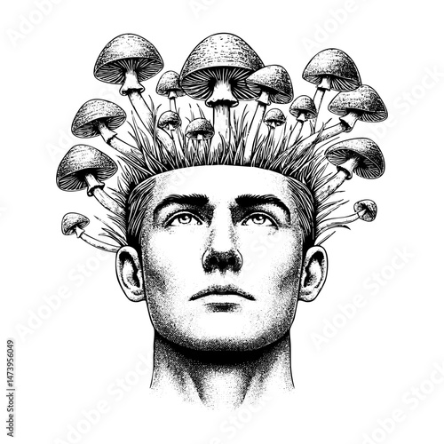 Mushroom growth form man head sketch engraving black and white outline. Scratch board imitation.