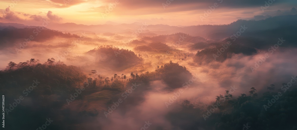 Fototapeta premium Dramatic orange and blue evening sky with a bright sun setting over a mountain landscape as clouds drift by in a time lapse