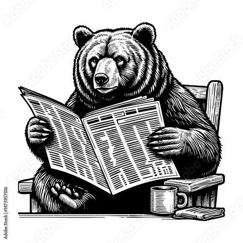 Grizzly bear reading newspaper sketch engraving black and white outline. Scratch board imitation.