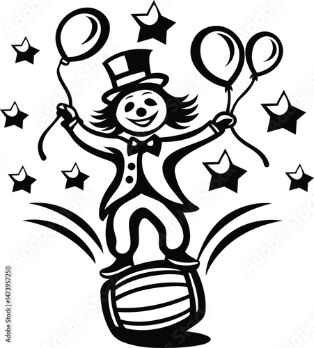 A cute cartoon style performer in a top hat balancing on a barrel vector illustration, performer in a top hat balancing on a barrel silhouette and line art vector design