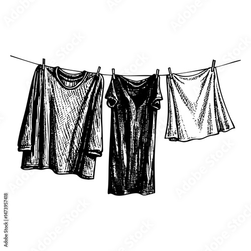 clothes hanging on a clothesline sketch engraving black and white outline. Scratch board imitation.  illustrated in vintage line art style on a white background.