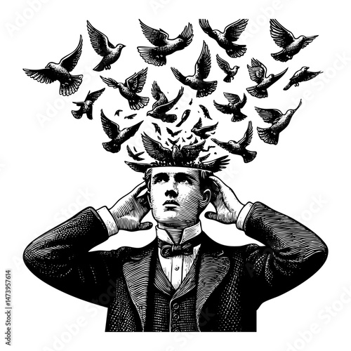 man in formal attire with an open head, from which birds are flying sketch engraving black and white outline. Scratch board imitation.