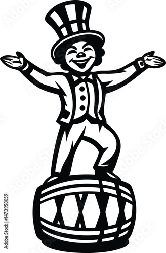A cute cartoon style performer in a top hat balancing on a barrel vector illustration, performer in a top hat balancing on a barrel silhouette and line art vector design