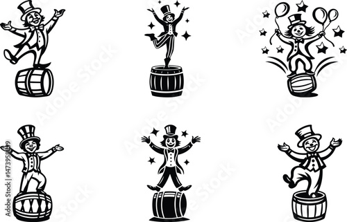 A cute cartoon style performer in a top hat balancing on a barrel vector illustration, performer in a top hat balancing on a barrel silhouette and line art vector design set