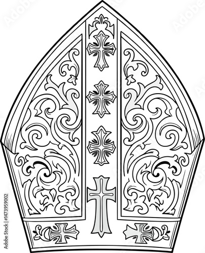 Intricate Bishop Mitre Line Art with Crosses and Floral Ornaments – Black and White Religious Headdress Vector Illustration