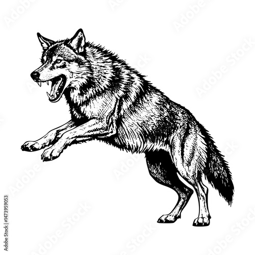 wolf jump sketch engraving black and white outline. Scratch board imitation.