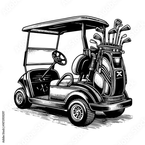 Golf cart sketch engraving black and white outline. Scratch board imitation.
