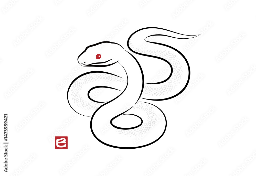 Fototapeta premium 八の字にとぐろを巻いている縁起の良い白蛇のイラスト 墨絵風でお洒落な巳年の年賀状素材