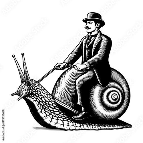 Gentleman riding snail sketch engraving black and white outline. Scratch board imitation.